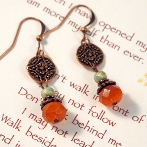 Copper Czech Glass Drop Earrings Boho Chic Dangle Pierced or Clip-on Earrings - Picture 7 of 8